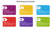 Colorful marketing PowerPoint template with icons and placeholder text on a white backdrop.