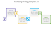 Marketing slide with four colored square icons in purple, yellow, blue, and green, arranged in a row with symbols.