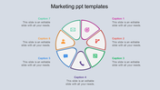 Marketing template showcasing a segmented circle divided into seven parts, each labeled with captions areas. 