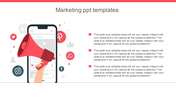 Marketing slide with a smartphone and a hand holding a red megaphone, surrounded by social media icons on a light background.