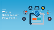 Cybersecurity-themed image with a tablet, shield, and five icons connected to the tablet, all on a gradient blue background.