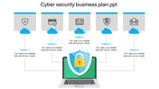 Cyber security business plan infographic with a central laptop displaying a shield and icons above, connected by clouds. 