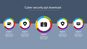 Cyber security PowerPoint slide with colorful circular icons representing security features with captions.