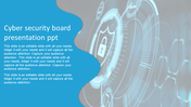 Cyber security board presentation slide with a blue background featuring a digital lock and technological data graphics.