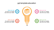 Education slide with a large pencil graphic, four circular icons in blue, pink, orange, and green, and caption areas.