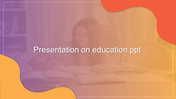 Education slide with a blurred image of a student studying, overlaid with an orange and purple gradient and wavy borders.