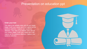Education slide with a student background, overlaid with an orange blue gradient, large graduate icon, and text placeholders.