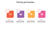 Training slide with four rounded square blocks in red, purple, orange, and pink, each featuring a number, icon, and caption.