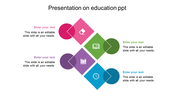 Education slide with four diamond icons in pink, green, purple, and blue, each linked to a caption area on both sides. 