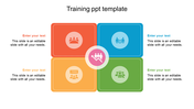 Training slide with four sections in orange, blue, green, and red, each featuring an icon, and a central circular icon. 