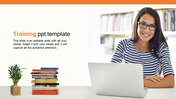 Training slide design with a smiling woman in front of a laptop, with a stack of books and a small plant on the desk.