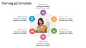Training PowerPoint template with a central image of a woman using a tablet, surrounded by six colorful icons.