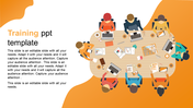 Overhead view of a meeting with people at a table, working with laptops and papers, on a white and orange background.