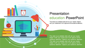 Colorful education PowerPoint slide featuring books, a clock, and a computer screen with a graduation cap on a green theme.