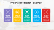 Colorful education PowerPoint slide with five sections, each featuring an icon with placeholder text.