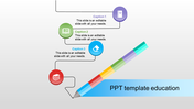 Education slide with a background, a curved path drawn by a pencil, and four circular icons with text placeholders. 