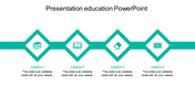 Professional education PowerPoint slide with icons and teal colored diamond shapes with captions and placeholder text.