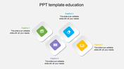 Education slide with four icons in green, blue, purple, and yellow, arranged diagonally with captions around them.