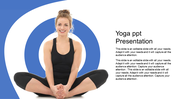 Yoga slide with a smiling woman in a seated butterfly pose on the left, and a text box on the right with a blue swirl.
