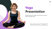 Yoga PPT Download with purple theme, yoga pose images, rounded shapes, and wellness text blocks.