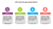Slide with four sections in purple, green, blue, and red, each containing an icon for life science and health.