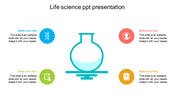 Life science PowerPoint slide with icons for DNA, a laboratory beaker, a person, and medical notes, with placeholder text.