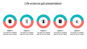 Life science slide with five elements split into teal and red sections, each containing a black icon and caption below.
