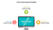 Life science slide with a monitor displaying a DNA strand, linked to three circular icons for lab, user, and medical notes.