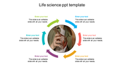 Life science slide with a circular flow of six colorful arrows, featuring an image of a person holding a lab flask.