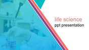 Life science template with a laboratory background showing a pipette and flask, with a blue overlay and geometric accents.