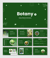 Life Science PPT Templates with botany slides, green background, plant images, leaf icons and clean layout.