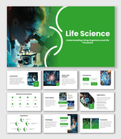 Life Science PPT Presentation with scientist using microscope image, green shapes and clean professional slide layout.