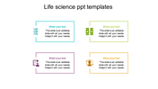 Four colored boxes in teal, green, purple, and yellow, each with icons, related to life science topics.