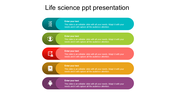 Life science PPT slide with five sections, each featuring a colorful icon with placeholder text on a white backdrop.