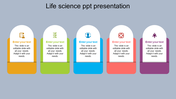 Life science slide featuring five rounded rectangular sections in different colors, each with an icon and caption area.