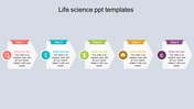 Five-step life science process template with icons and placeholder text boxes, each step in a different color.