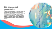 Circular image of DNA strand on a blurred background, with blue and orange waves on the bottom and text beside it.