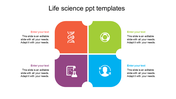 Four colored square with rounded corners in orange, green, purple, and blue, each with icon representing life science.