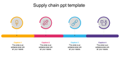 Supply chain timeline with six connected steps in blue, orange, pink, purple, and green, each featuring circular icons. 