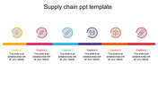 Supply chain slide with six colorful icons in yellow, pink, blue, purple, orange, and red, arranged in a horizontal line.