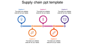 Supply chain slide with five circular icons in blue, yellow, pink, orange, and purple, connected on a horizontal line.