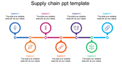 Supply chain PowerPoint template with colorful icons representing different stages, linked by arrows.
