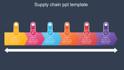 Slide with six icons in gradient colors in a row, each featuring a number and descriptive caption, and a white arrow below.