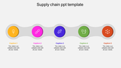 Hexagonal flowchart showcasing six supply chain steps connected by a timeline, each with an icon.