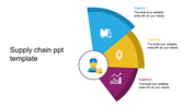 Supply chain PowerPoint slide with a segmented diagram and colorful icons representing logistics and analysis with captions.
