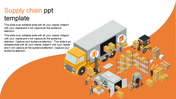 Illustration of a truck unloading boxes with workers and forklifts, set against an orange background with captions.