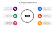 TQM diagram with a central circle connected to six color coded circular icons in purple, blue, red, orange, green, and pink. 