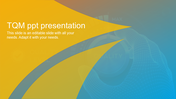 Slide with a gradient background of yellow and blue, featuring a hand adjusting a quality control dial.