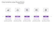 Purple themed timeline with six year markers, each represented by a rectangular shape, linked by dotted lines.