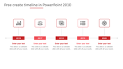 Timeline PPT slide in 2010 with a five step process from 2016 to 2020, featuring red color coded icons and placeholder text.